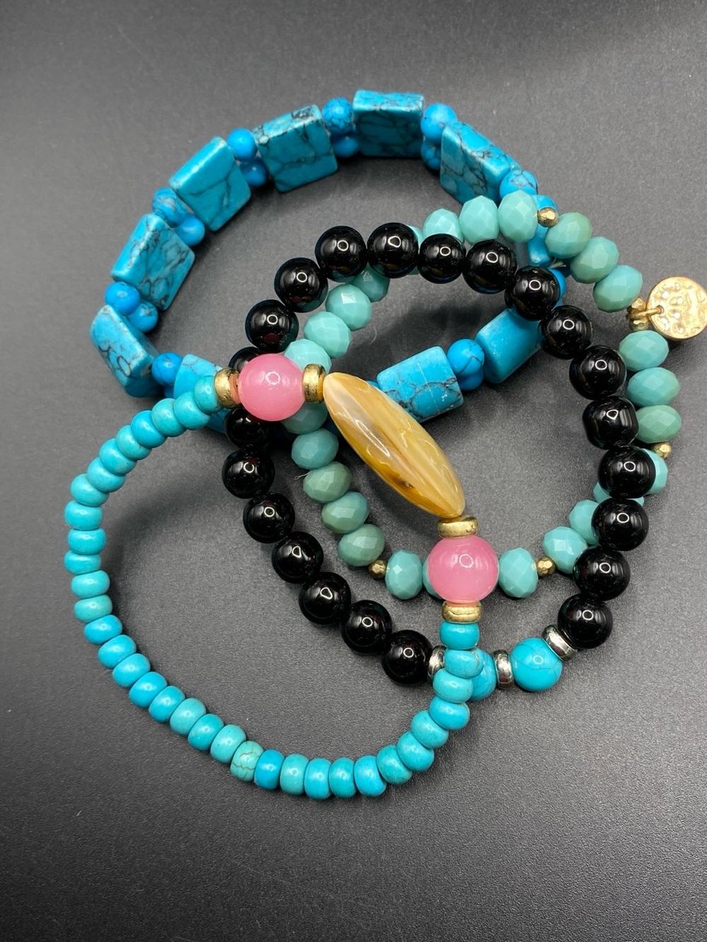 Faux Turquoise Beads Stretchy Bracelets Set Of Four Bohemian Style